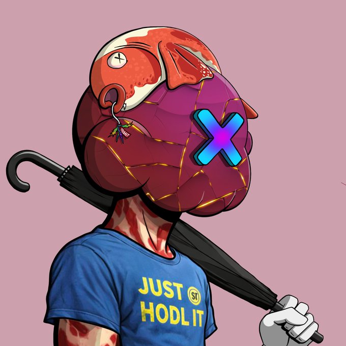 A digital illustration of a figure wearing a cracked pink mask with a blue 'X' over the face, a fish on top of the head, and a blue shirt reading 'JUST HODL IT', holding a black umbrella.