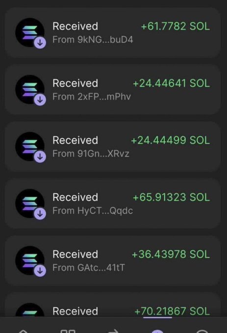 The image shows a cryptocurrency wallet transaction history displaying six incoming "Received" transfers of SOL (Solana) tokens from various senders: +61.7782 SOL, +24.44641 SOL, +24.44499 SOL, +65.91323 SOL, +36.43978 SOL, and +70.21867 SOL. This screenshot serves as proof of the wallet receiving the promised SOL airdrops from the giveaway post.