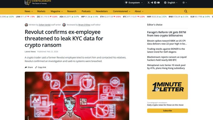 A Cointelegraph news article titled "Revolut confirms ex-employee threatened to leak KYC data for crypto ransom," dated February 23, 2026, featuring an illustration of a hacker.
