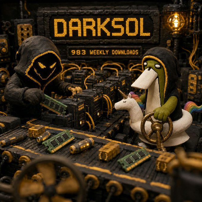 A 3D-rendered dark industrial scene featuring a hooded hooded figure working on hardware next to a creature riding a unicorn floatie, under a glowing 'DARKSOL' sign reading '983 WEEKLY DOWNLOADS'.