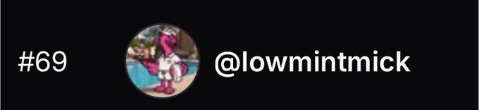 A banner displaying the text '#69' and '@lowmintmick' next to a circular profile picture of the Muppet character Janice.