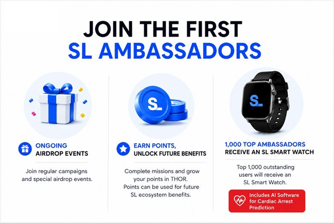 A promotional graphic reading 'JOIN THE FIRST SL AMBASSADORS' detailing benefits like 'ONGOING AIRDROP EVENTS', 'EARN POINTS, UNLOCK FUTURE BENEFITS', and '1,000 TOP AMBASSADORS RECEIVE AN SL SMART WATCH'.