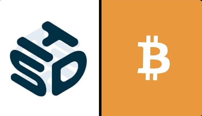 A split image shows the "SD" logo of Hyperscale Data (formerly Semiconductor Manufacturing International-related branding) on the left alongside the orange Bitcoin (₿) symbol on the right, visually pairing the AI infrastructure company with its BTC treasury as referenced in the post about allocating Bitcoin-backed capital toward expansion.