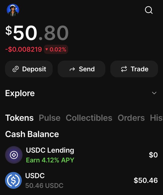 A cryptocurrency wallet interface displays a balance of $50.80 (down $0.008219 or 0.02%), with a USDC balance of 50.46 USDC ($50.46) and USDC Lending offering 4.12% APY, featuring Deposit, Send, and Trade buttons.