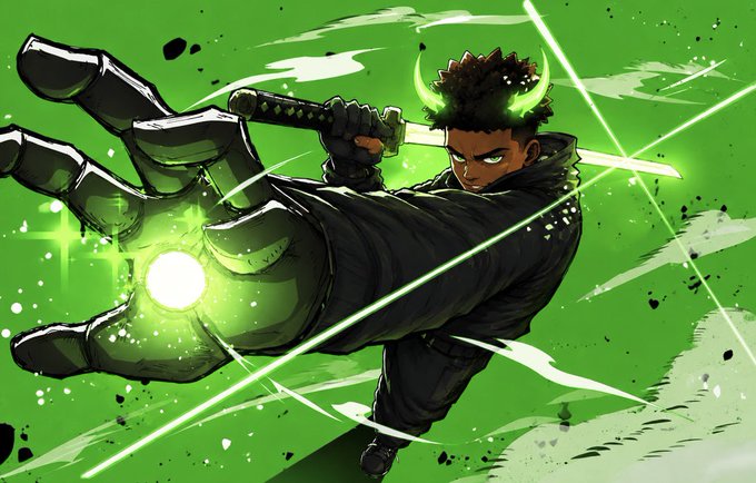 An anime-style illustration of a character with glowing green horns and a large, armored, glowing green hand extending toward the camera against a green background.