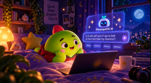 A cartoon illustration of a cute green dinosaur-like character lying on a bed using a laptop, with an AI chatbot interface labeled 'Sleepagotchi AI' asking 'Is it still self care if I go to bed at 3am but take my vitamins?!'