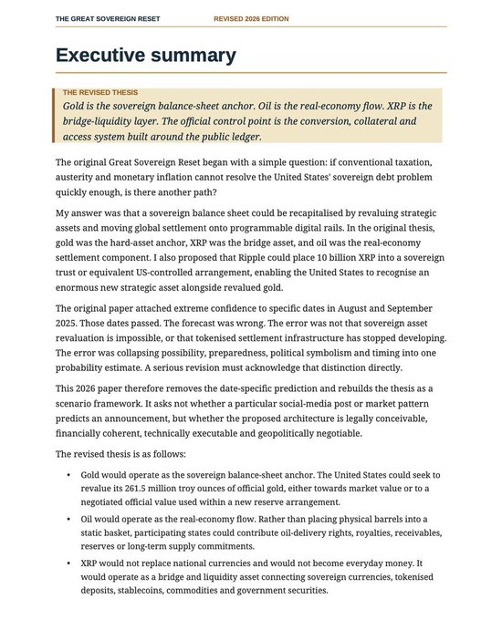 An executive summary page from a document titled 'The Great Sovereign Reset (Revised 2026 Edition)' discussing a revised thesis where gold serves as a sovereign balance-sheet anchor, XRP as a bridge-liquidity layer, and oil as the real-economy flow component.