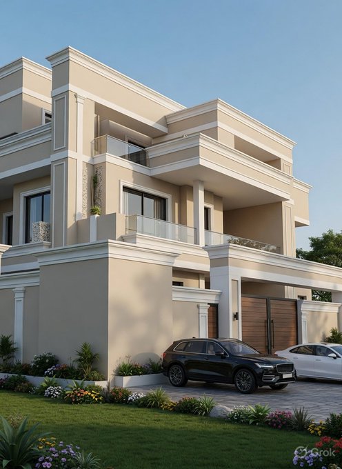 The image features a large, two-story house with a beige exterior and white trim. The house has a balcony on the second floor that overlooks the surrounding area. A black car is parked in front of the house, and there are several potted plants placed around the property. In the background, there's a tree and some bushes, adding to the overall ambiance of the scene. The post includes an image of a car with the caption "Early morning gArc Have a productive day, Don'T forget to check on @TheARCTERMINAL".