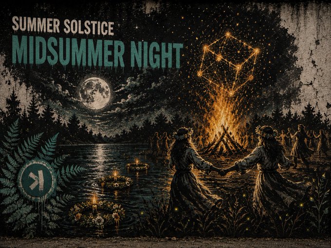 The image features a poster for an event called "Summer Solstice Midterm Night", which seems to be a celebration of the summer solstice with a focus on mid-term exams. The poster includes a painting depicting two women holding hands, surrounded by trees and a fire, symbolizing the transition from summer to autumn. The background is dark, creating a contrast that highlights the central figures in the scene. The text "Summer Solstice Midterm Night" is prominently displayed at the top of the poster, while the phrase "#Kaspa everywhere." is written below it.