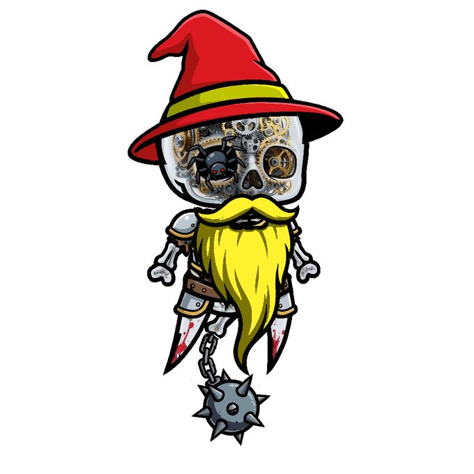 A cartoon illustration of a skeleton gnome with a long yellow beard, red wizard hat, and a small spider inside its skull head, holding a spiked ball on a chain.