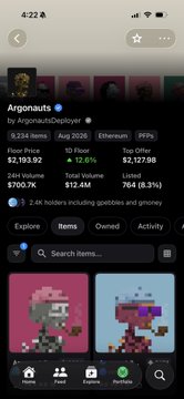 A mobile app screenshot displaying the profile of 'Argonauts' NFT collection, showing a floor price of $2,193.92, total volume of $2,127.88, and pixel-art avatar thumbnails.