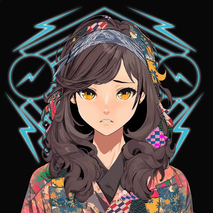 An anime-style illustration depicts a girl with long brown hair, golden eyes, and a patterned kimono and headscarf, set against a black background with blue lightning motifs.