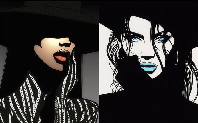 A side-by-side split image showing two stylized female figures: on the left, a woman in a black wide-brimmed hat with red lips wearing a black and white striped top, and on the right, an illustrated woman with dark hair and blue lips and eyes. The graphic serves as an eye-catching visual for the $50 SOL crypto giveaway promotion by @Pe_ITIA and @Iv_ITIA, designed to attract engagement with its bold, contrasting aesthetic.