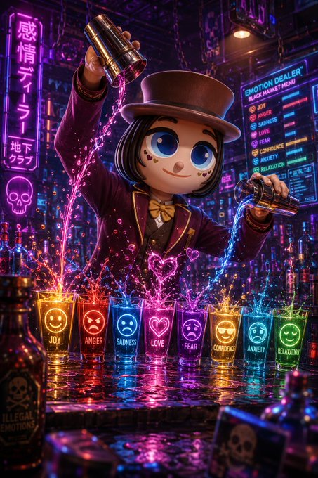 A neon-lit 'Emotion Dealer' bar scene featuring a cartoon character in a top hat pouring colorful drinks labeled with emotions like JOY, ANGER, SADNESS, LOVE, FEAR, CONFIDENCE, ANXIETY, and RELAXATION.