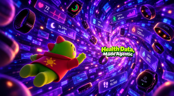 A vibrant promotional graphic for 'Health Data, Made Agentic' showing a green character in a red hoodie surrounded by various health metrics from smartwatches including heart rate (72 bpm), sleep (7h 24m), activity (45 min), SpO2 (98%), steps (10,392), and calories (720 kcal).
