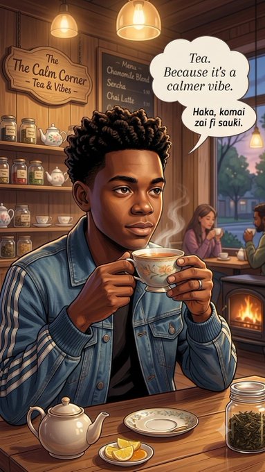 A comic-style illustration of a young man in a denim jacket drinking tea at 'The Calm Corner Tea & Vibes' café, with speech bubbles reading 'Tea. Because it's a calmer vibe' and 'Haka, komai zai fi suuki.'
