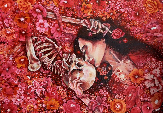 A vibrant surrealist painting featuring a skeleton and a dark-haired figure intertwined among a dense field of red, pink, and orange flowers.