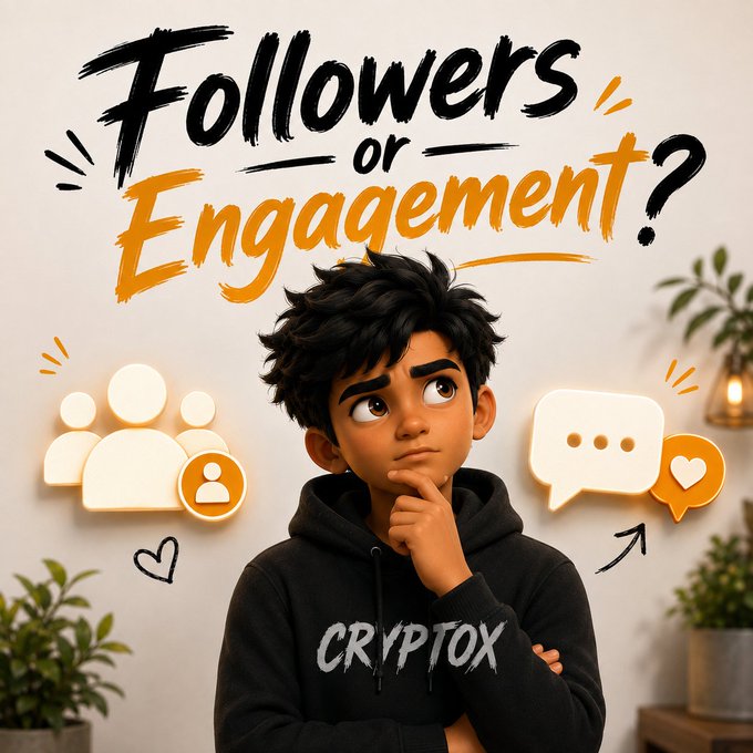 A thoughtful cartoon character wearing a "CRYPTOX" hoodie ponders the question "Followers or Engagement?" surrounded by social media icons representing followers, comments, and likes. The image visually reinforces the post's prompt by depicting the dilemma of choosing between growing your audience count versus building meaningful interactions.