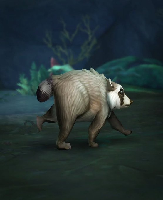 A 3D rendered character of a brown and white wolf-like creature walks on all fours in a dark, forested environment.
