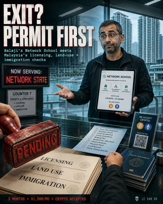 A man holds up a tablet displaying "Network School" enrollment details (3 months, $1,500/mo, crypto accepted) beside signage reading "Counter 7: Permits & Compliance - Licensing, Land Use, Immigration" and folders labeled accordingly, while a rubber stamp marks paperwork "PENDING"—visually capturing the post's joke that Balaji's "Network State" must still clear Malaysian regulatory hurdles before anyone can "exit" into Forest City.