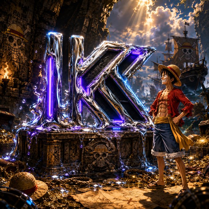 An anime-style pirate stands beside a glowing crystalline 'IK' monument surrounded by treasure, with pirate ships bearing skull-and-crossbones flags in the background.