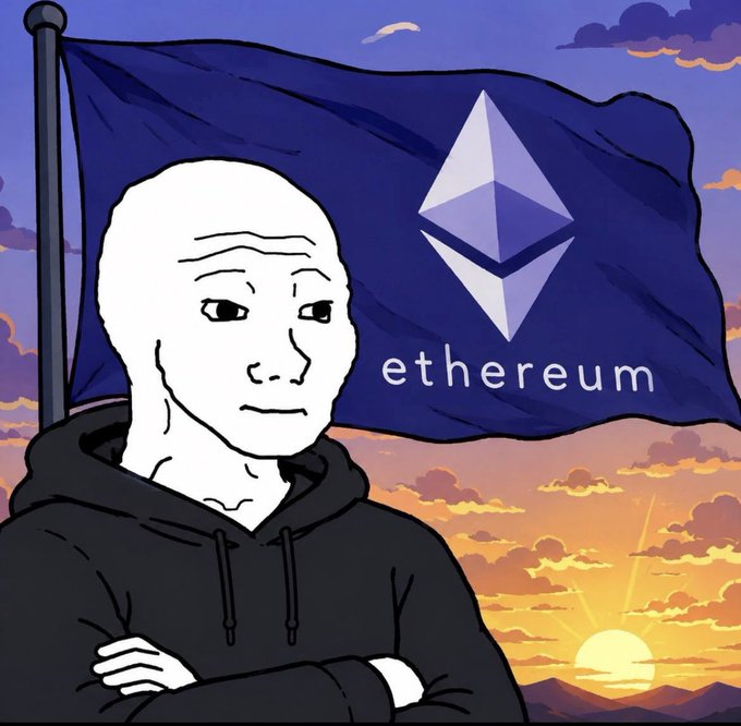 A Wojak meme character in a black hoodie standing with arms crossed in front of a large Ethereum flag, set against a sunset sky.