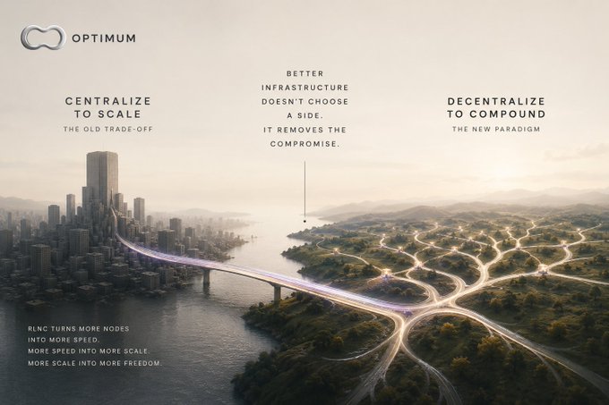 Promotional graphic for OPTIMUM blockchain showing the contrast between centralized and decentralized infrastructure, with text: 'Centralize to Scale - The Old Trade-Off', 'Better Infrastructure Doesn't Choose a Side. It Removes the Compromise', 'Decentralize to Compound - The New Paradigm'.