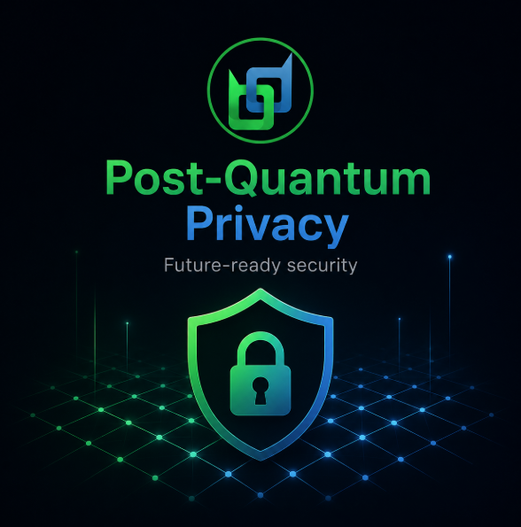 A dark promotional graphic featuring a green and blue logo, a shield with a padlock, and the text 'Post-Quantum Privacy' and 'Future-ready security'.