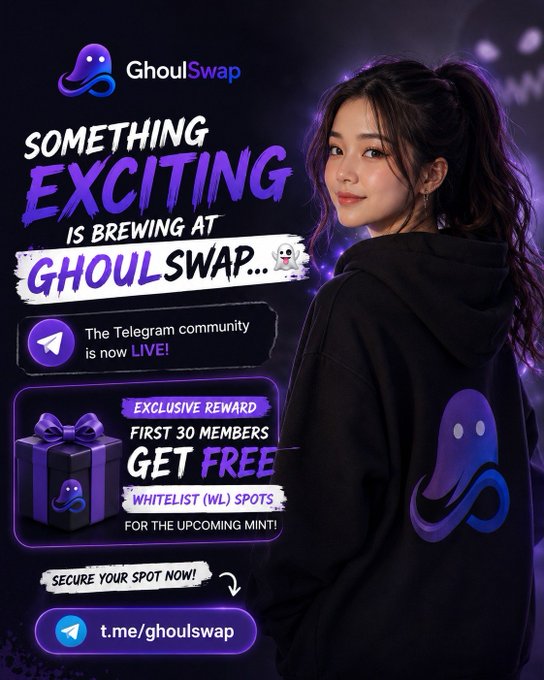 A promotional graphic for "GhoulSwap" advertises "SOMETHING EXCITING IS BREWING AT GHOULSWAP" with a model in a black hoodie and details about a Telegram community and whitelist spots.