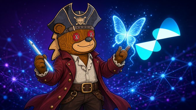 A digital artwork shows a pirate-themed teddy bear character in a red coat and tricorn hat holding a glowing butterfly, with the Aptos (APT) cryptocurrency logo displayed on the right.