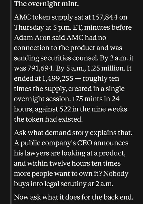 The image displays a text passage titled "The overnight mint" detailing how AMC token supply surged from 157,844 at 5 p.m. Thursday to 1,499,255 by morning—roughly ten times the supply in a single overnight session—following CEO Adam Aron's announcement that AMC had no connection to the product and was sending securities counsel. This directly supports the accompanying post's claim questioning why AMC tokens experienced a 10x increase the very night they came under legal scrutiny, suggesting suspicious back-end activity rather than organic demand, with the passage's rhetorical question ("Nobody buys into legal scrutiny at 2 a.m.") reinforcing the post's allegation of manipulation.
