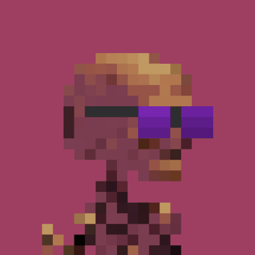A low-resolution pixel art rendering of a figure wearing sunglasses against a magenta background.