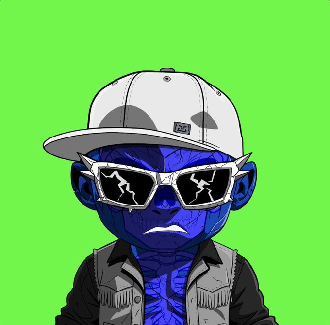 A digital cartoon character with blue textured skin, wearing a gray baseball cap and black-and-white cracked sunglasses, set against a bright green background.