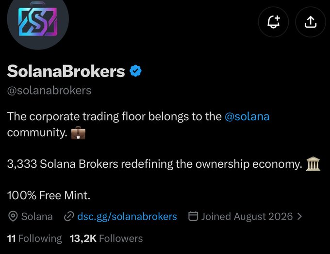 A Twitter profile page for "SolanaBrokers" (@solanabrokers), a verified account showing 13.2K followers with a bio promoting a free mint of 3,333 Solana Brokers NFTs on the Solana chain, with a briefcase and bank emojis. The image relates to the post by confirming the account, mint details, and Solana chain mentioned in the upcoming NFT drop announcement.