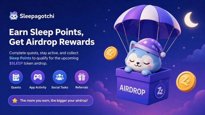 An advertisement for 'Sleepagotchi' reads 'Earn Sleep Points, Get Airdrop Rewards,' featuring a cute cat mascot parachuting with tokens to complete quests, app activity, social tasks, and referrals for a $LEEP token airdrop.