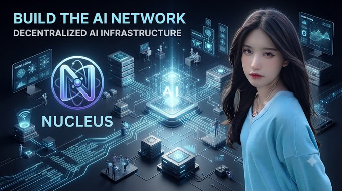 A promotional graphic displays the text 'BUILD THE AI NETWORK' and 'DECENTRALIZED AI INFRASTRUCTURE' alongside a 'NUCLEUS' logo and a young woman in a light blue top.