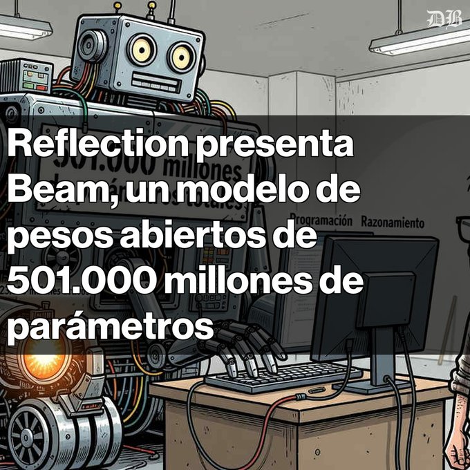 An illustration of a robot typing at a computer desk overlaid with Spanish text: 'Reflection presenta Beam, un modelo de pesos abiertos de 501.000 millones de parámetros'.