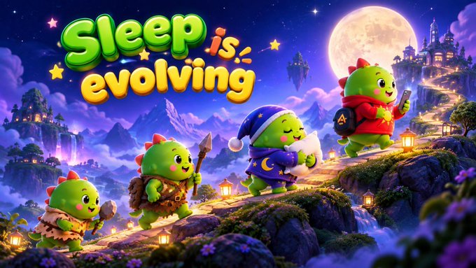 Promotional artwork titled 'Sleep is evolving' features four green cartoon dinosaur characters in different evolutionary stages (caveman, wizard, and modern) walking along a path in a fantasy nighttime landscape with a large moon.