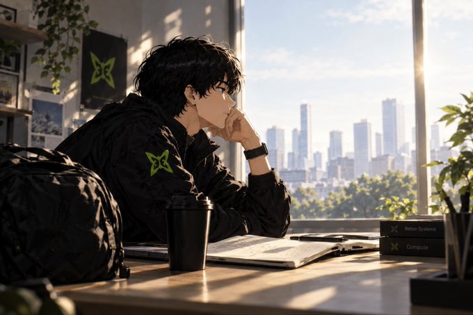 An anime-style illustration of a dark-haired young man in a black jacket with a green star logo, sitting thoughtfully at a desk by a large window, with a cityscape and buildings labeled 'Network Systems' and 'Compute' in view.