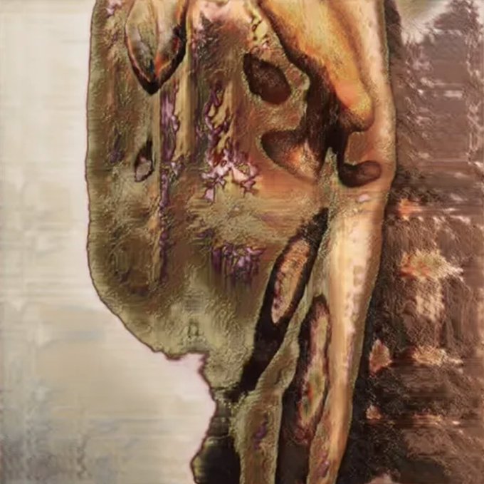 A highly distorted, grotesque, and textured artistic rendering of a distorted face or organic mass in earthy brown and green tones.