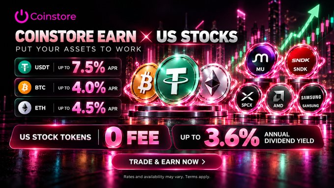 A Coinstore promotional banner advertising crypto earnings with up to 7.5% APR on USDT, 4.0% on BTC, and 4.5% on ETH, alongside US stock tokens (MU, SNDK, SPCX, AMD, Samsung) with 0 fee and up to 3.6% annual dividend yield.