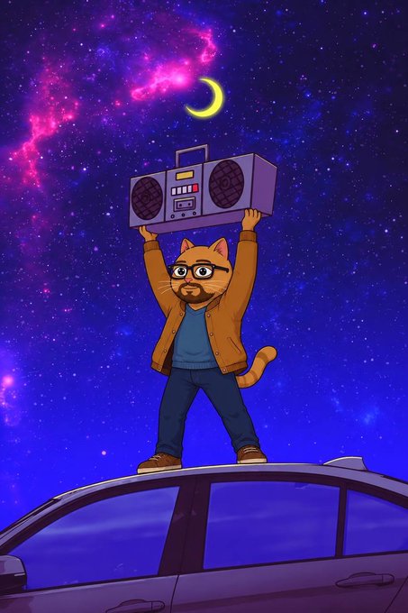 A cartoon illustration depicts a cat-headed human in a brown jacket and glasses standing atop a car, holding a boombox aloft against a vibrant purple and pink cosmic night sky with a crescent moon.