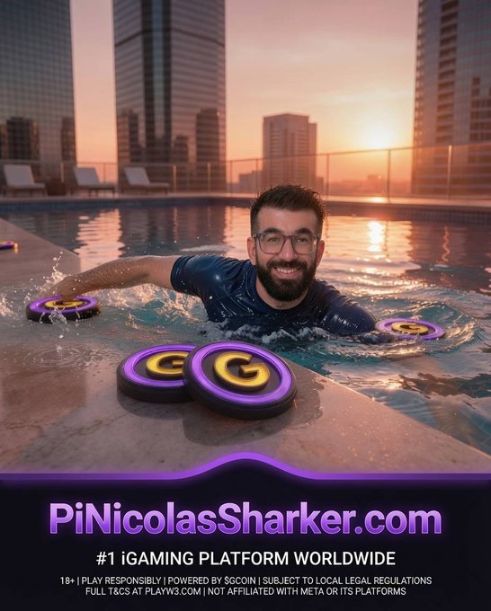 A bearded man with glasses smiles from a rooftop infinity pool at sunset, reaching for purple and gold "G" tokens floating on the water, with the promotional text "PiNicolasSharker.com - #1 iGAMING PLATFORM WORLDWIDE" displayed below alongside responsible gambling disclaimers. The image visually reinforces the post's message about building a gaming empire by depicting the rewards ("G" tokens) one can earn and earn back through the platform's partner program.