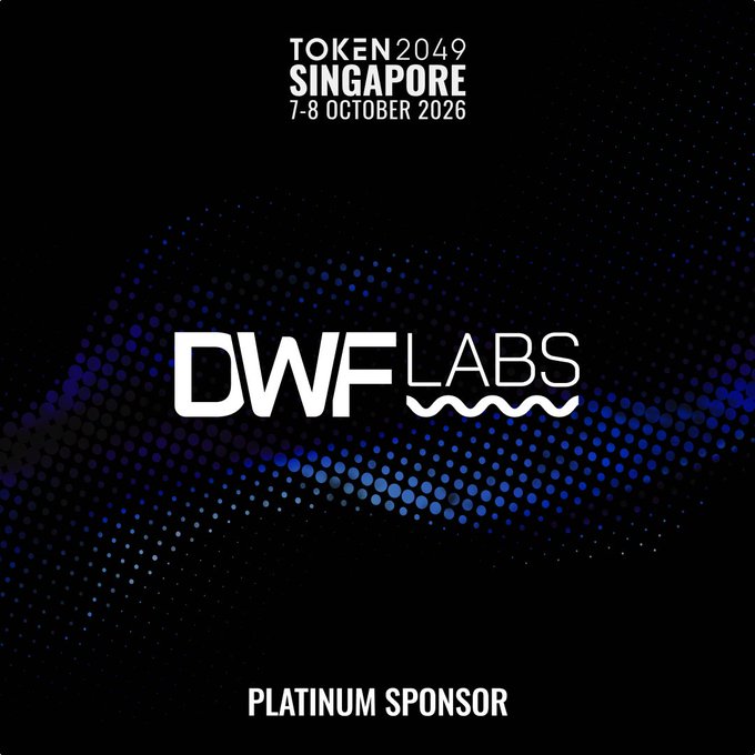 DWF Labs is announced as a Platinum Sponsor of TOKEN2049 Singapore (7-8 October 2026), featured prominently alongside the event's title and "PLATUM SPONSOR" designation against a dark blue dotted-wave background.