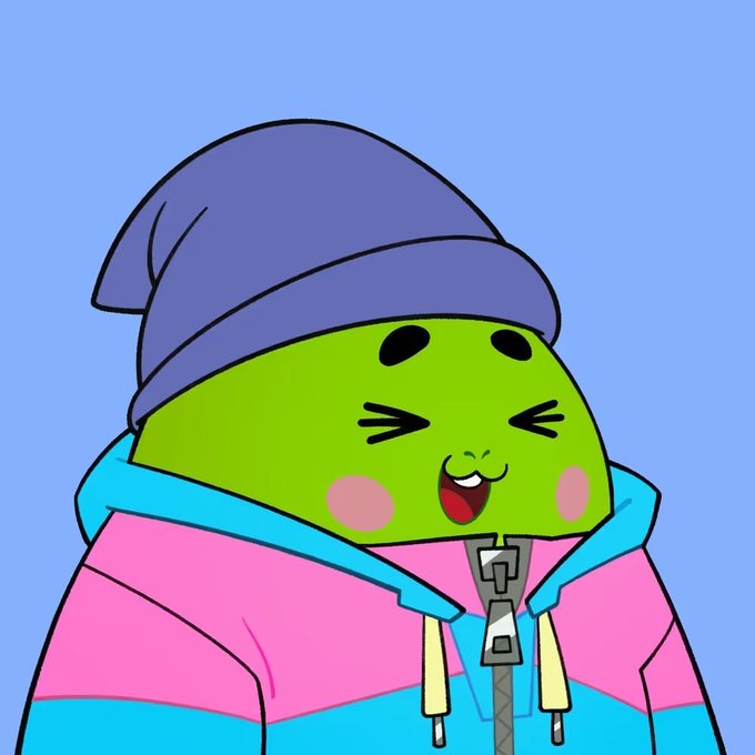 A cartoon illustration of a green, round character with a happy expression wearing a purple beanie and a pink and blue hoodie against a blue background.