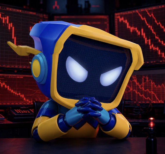 A blue and yellow robot-like character with glowing white eyes sits at a desk in front of multiple screens displaying red downward-trending stock charts.