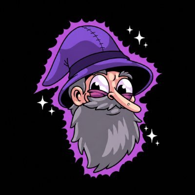 A cartoon wizard with a long gray beard, purple pointed hat, and an elongated nose is depicted against a purple glow with sparkle accents, evoking the mystical "Summoning Rite" referenced in the caption. The image visually represents the magical, ritualistic theme of the post inviting participants into the circle to receive the $RPG token.