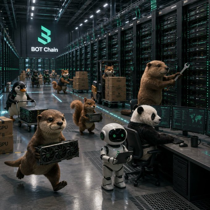 A whimsical digital artwork depicts anthropomorphic animals—a beaver, squirrel, panda, penguin, and Shiba Inu—working alongside a small white robot in a high-tech server room labeled 'BOT Chain', with one animal carrying a graphics card and others managing server racks.