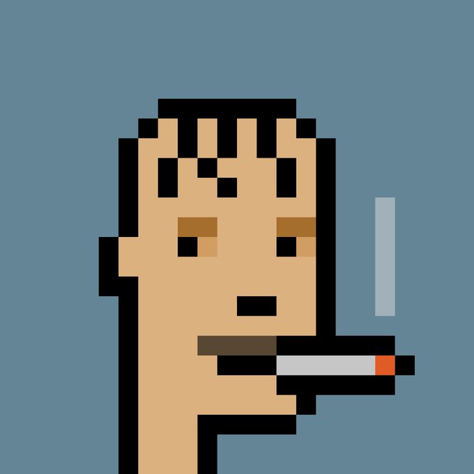 A pixel art illustration of a man with dark hair holding a lit cigarette in his mouth and a blue object in his hand, set against a gray background.