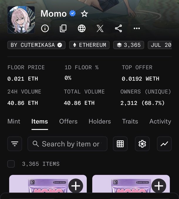 A mobile screenshot of an OpenSea NFT collection page for "Momo" by Cutemikasa on Ethereum, showing a floor price of 0.021 ETH and 3,365 items.